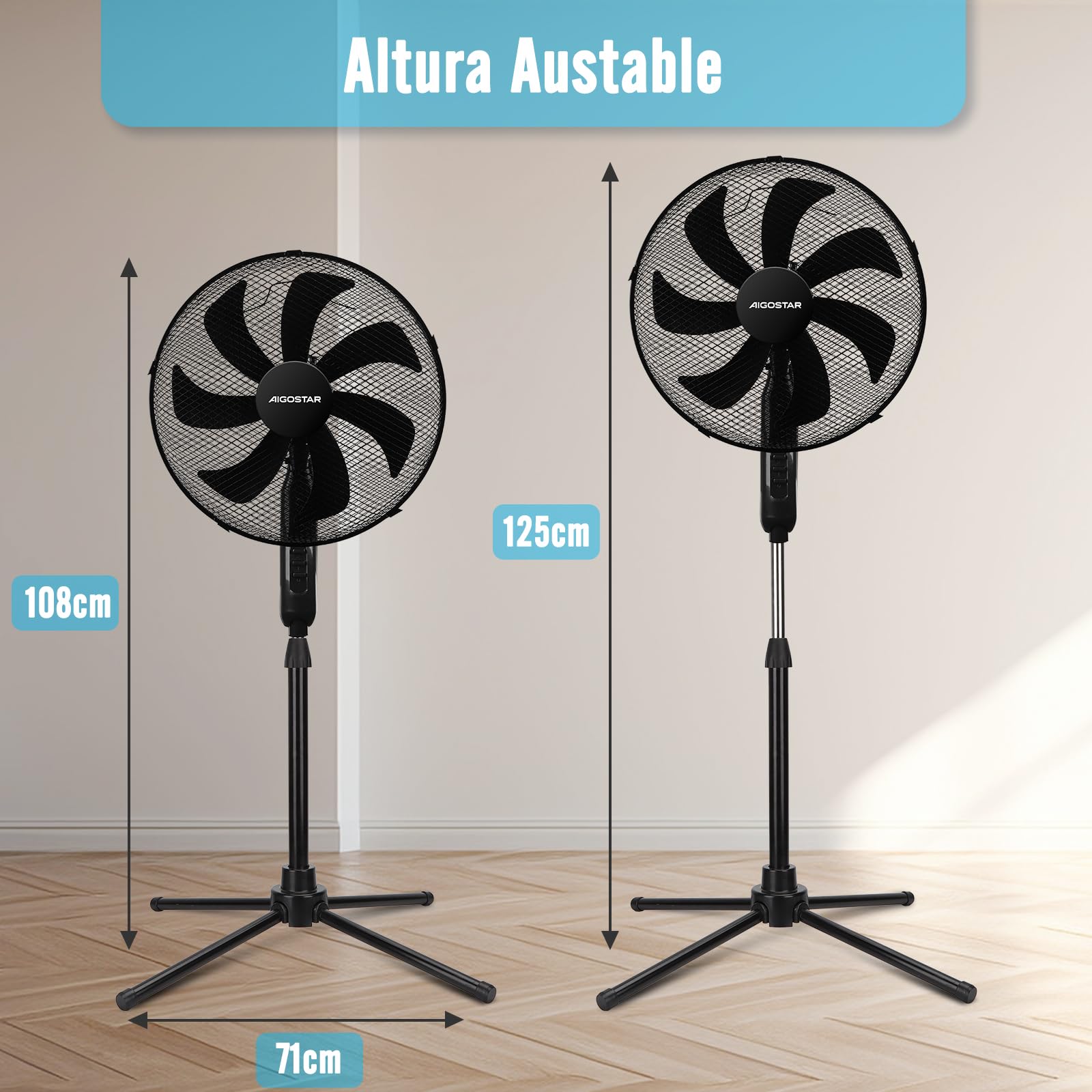 Aigostar Ventilador de Pie con 7 aspas, 50W, diámetro 41 cm. Ventilador de pie silencioso oscilante 75°, 3 Velocidades y altura ajustable 108-125cm. Silencioso para dormir. Color Negro. Elsie