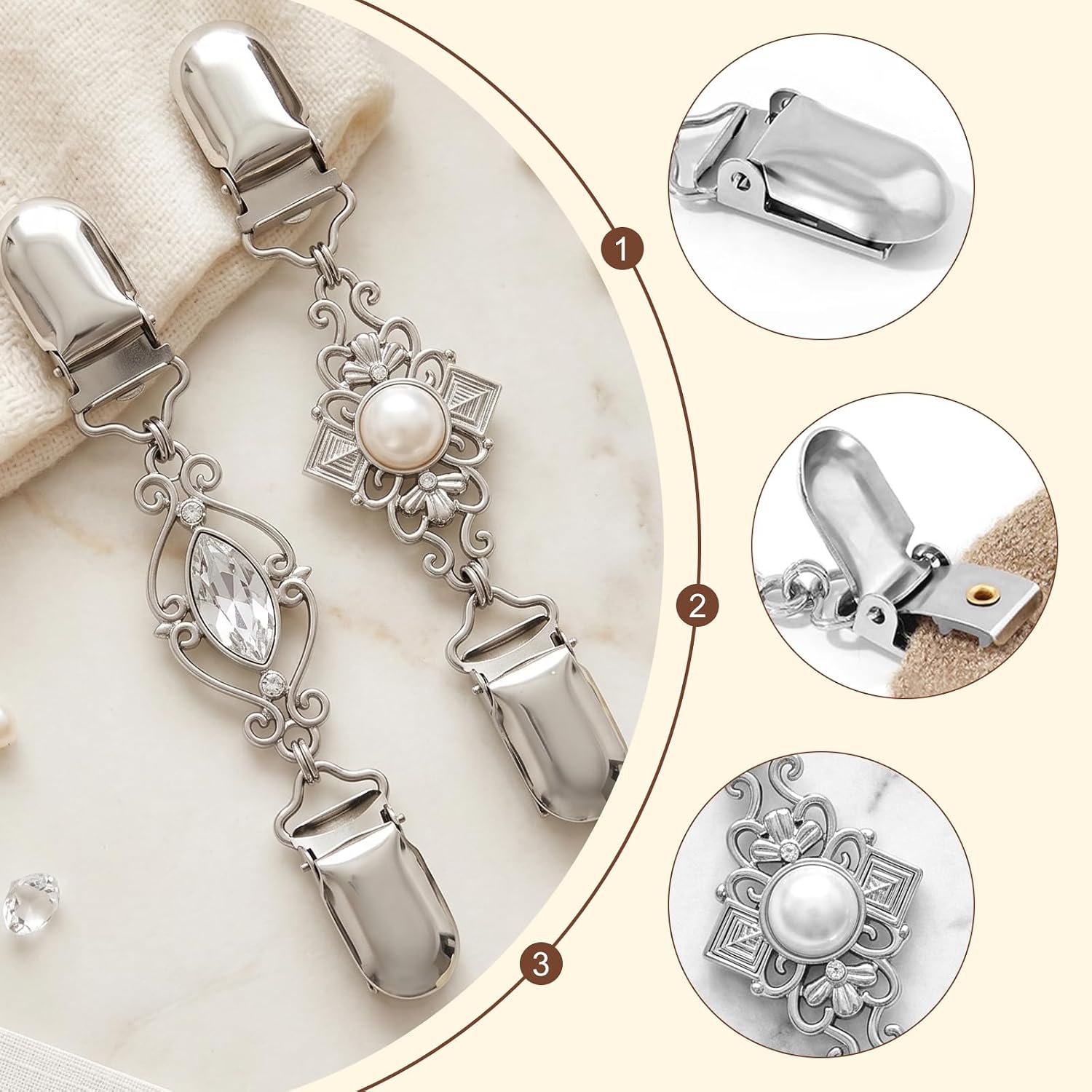 4 Pcs Cinch Clips for Clothing, Vintage Sweater Clips for Cardigans, Dress Cincher Clip, Waist Tightener for Dresses and Shirts, Elegant Shawl Clips for Women Clothing image 3
