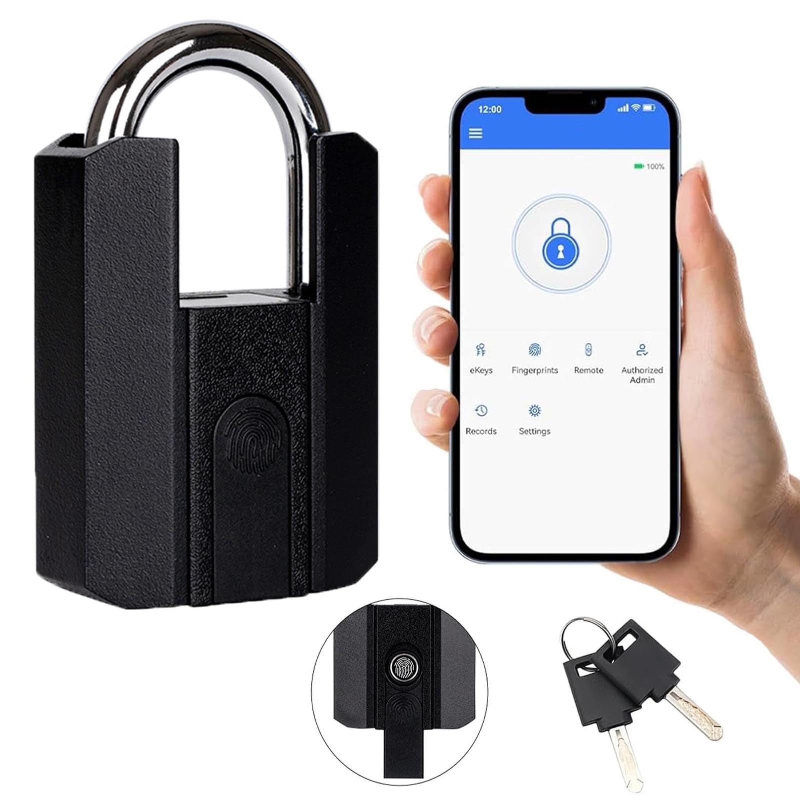Candado de Huella Dactilar, 3 En 1 Impermeable Huella Dactilar Bluetooth App Cerradura con 2 Llaves, USB de Carga de Alta Seguridad de combinación de Bloqueo para Armario, cajón