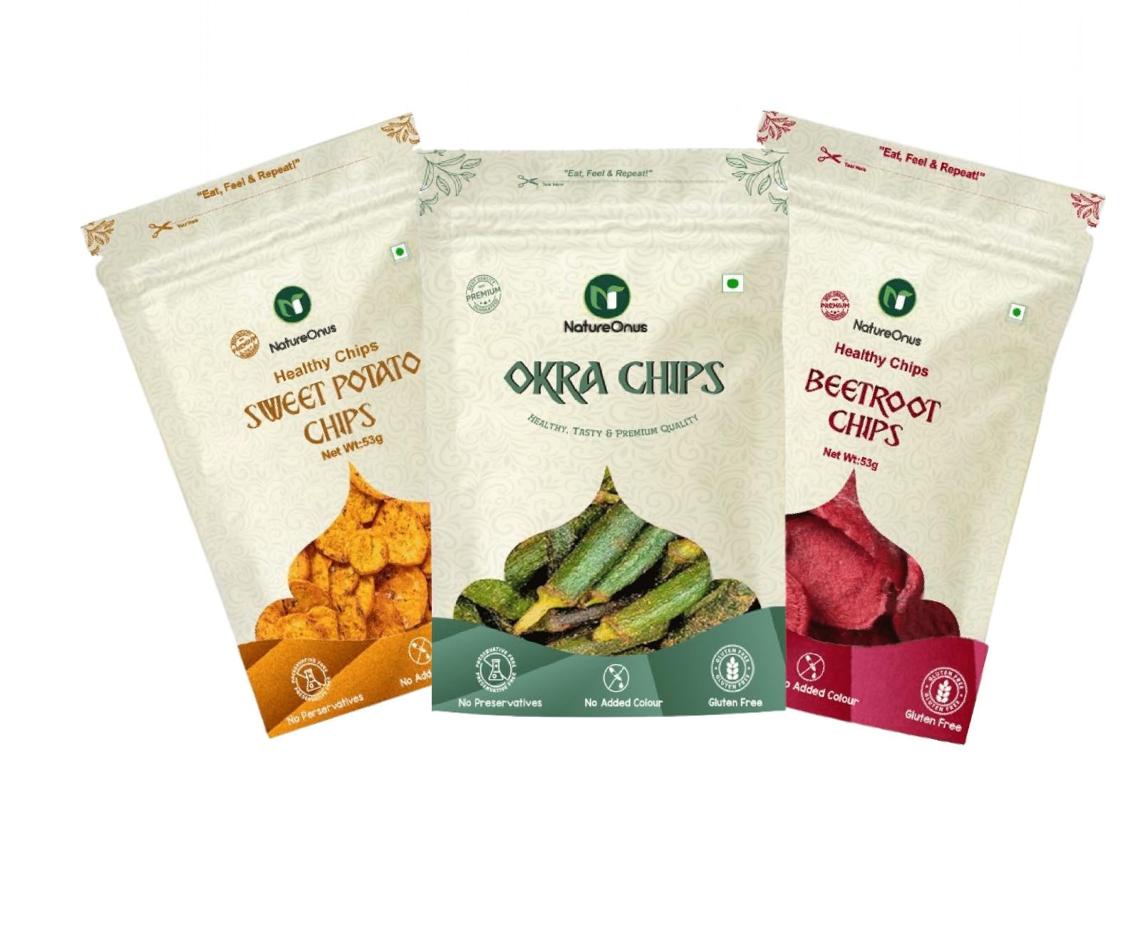 NatureOnus Vacuum Fried Chips 43G, Combo Pack of 3 – Okra, Beetroot & Sweet Potato | Vacuum Cooked Non-Fried | SOURCE OF PROTEIN, HIGH FIBER, VEGAN, GLUTEN FREE, TRANS FAT FREE, NO PRESERVATIVES, NO ARTIFICIAL COLORS | Veggie & Healthy Snacks 129Gms (43G x 3 packs)-image-5