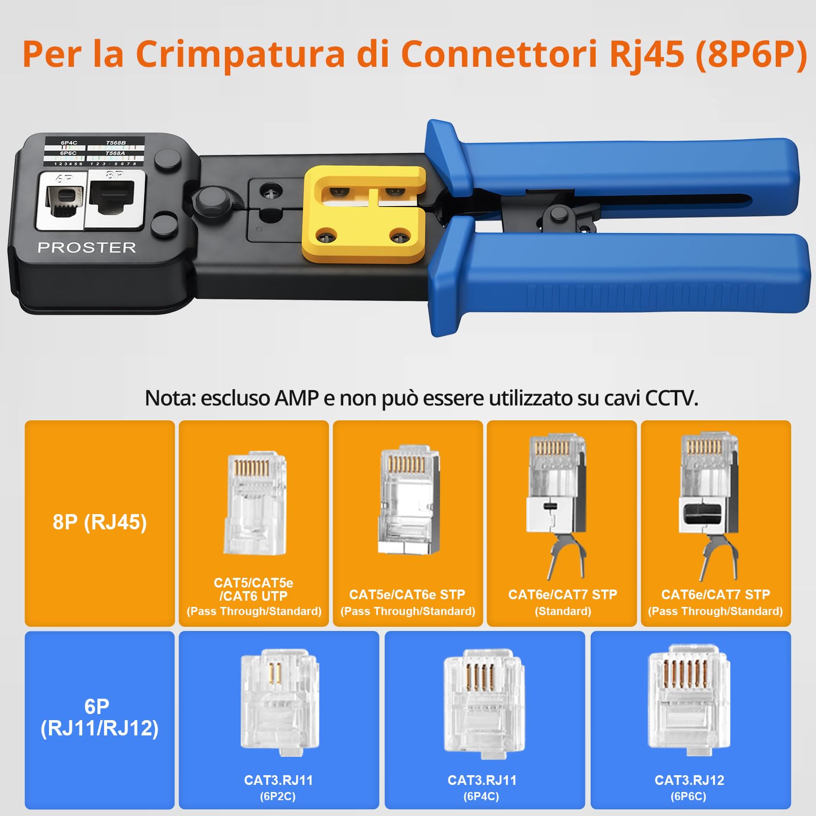 Proster Kit di Strumenti a Crimpare RJ45 Strumento a Crimpare Passante RJ45 per Cavo di Rete CAT5 CAT5e CAT6 8P e Cavi Telefonici RJ11 RJ12 6P con Tester 50pz Connettori CAT6 e Coperture Protettive