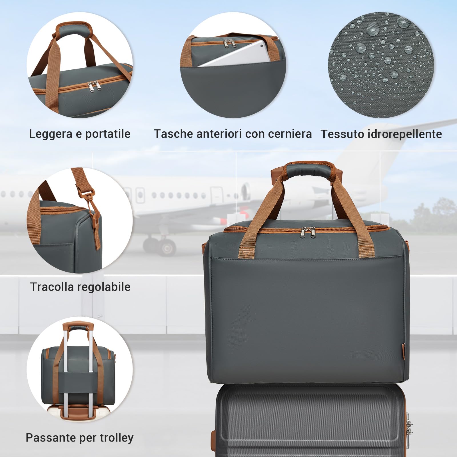 KONO Set di 2 Valigia Bagaglio a Mano Rigida e Leggera ABS+PC Trolley 55cm con 4 Ruote Rotanti e Lucchetto TSA & Borsa da Viaggio Ryanair 40x30x20, Grigio/Marrone