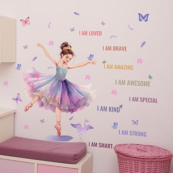 Butterfly Girl Wall Decals with Quotes, Colorful Butterflies and Motivational Lettering, Wall Stickers for Nursery, Girl Bedroom or Dance Room MS7109
