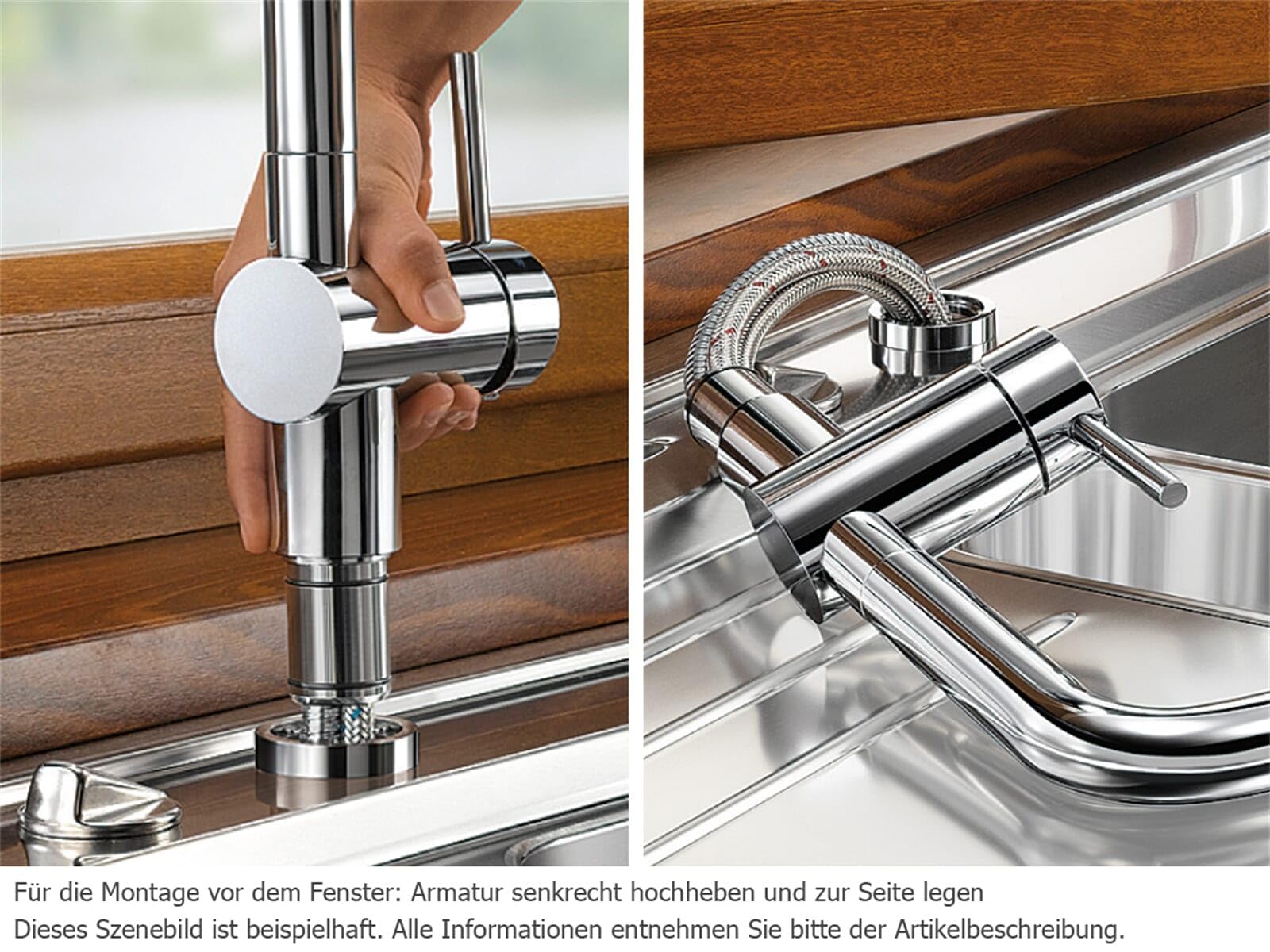 BLANCO LINUS-S-F | Küchenarmatur in chrom | Mit herausziehbarem Schlauch | [11x26,6x28,4 cm] | Vorfensterarmatur zur Montage vor dem Fenster | wassersparend | Niederdruck | Keramik Kartusche