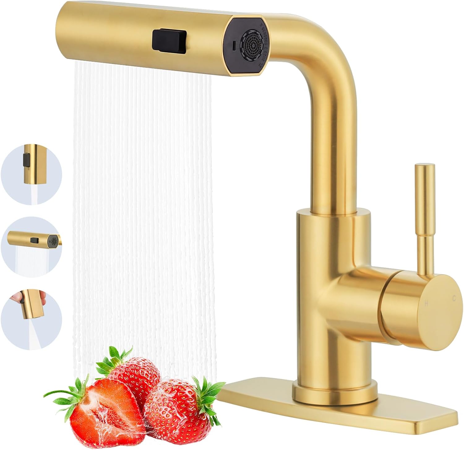 ALEASHA Bar Sink Faucet Single Hole, 3 Water Modes Wet Bar Faucets with Pull Out Sprayer, Prep Sink Faucet 360 Swivel for Small Kitchen Bathroom Faucets with cUPC Supply Lines, Brushed Golden