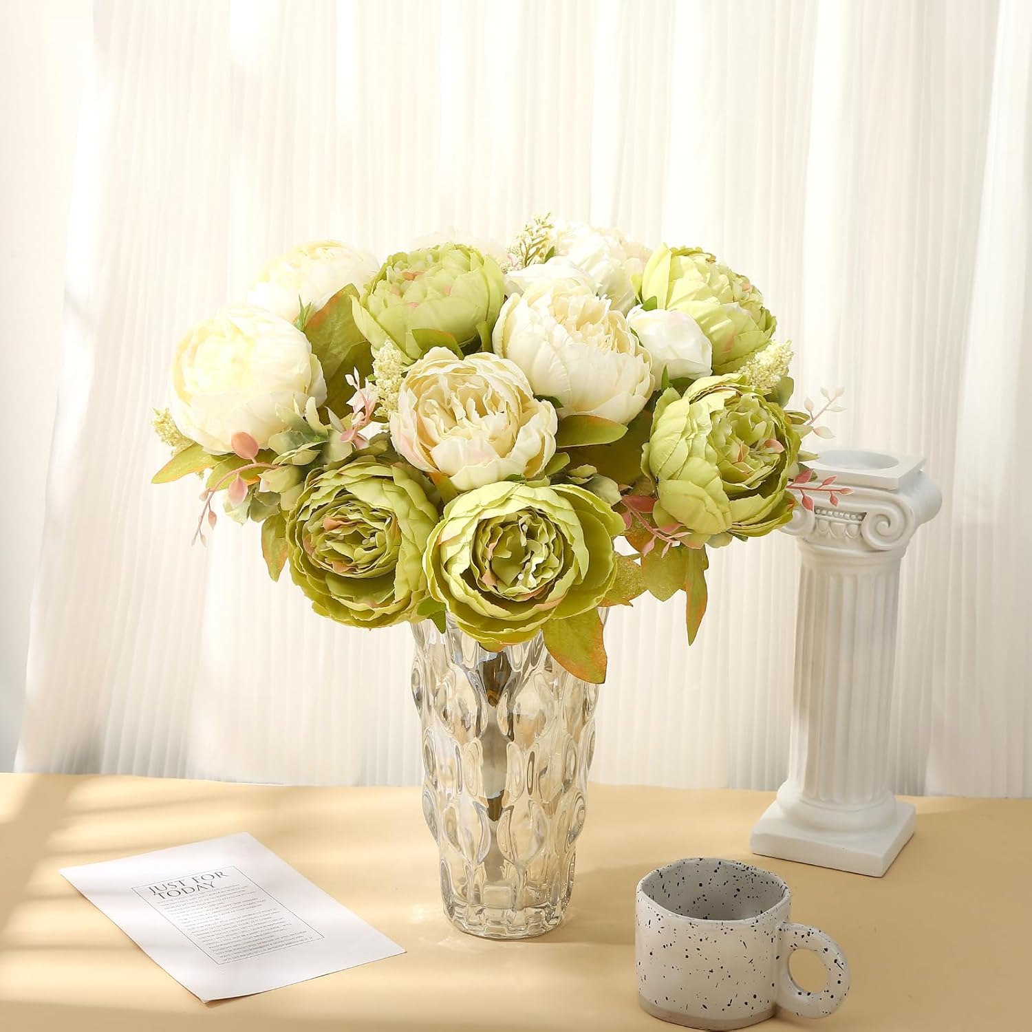 Silk Peony Flower Arrangement, 2 Bouquets Vintage Green & White Artificial Hydrangea Stems for Wedding, Home, Centerpiece, Table Decor