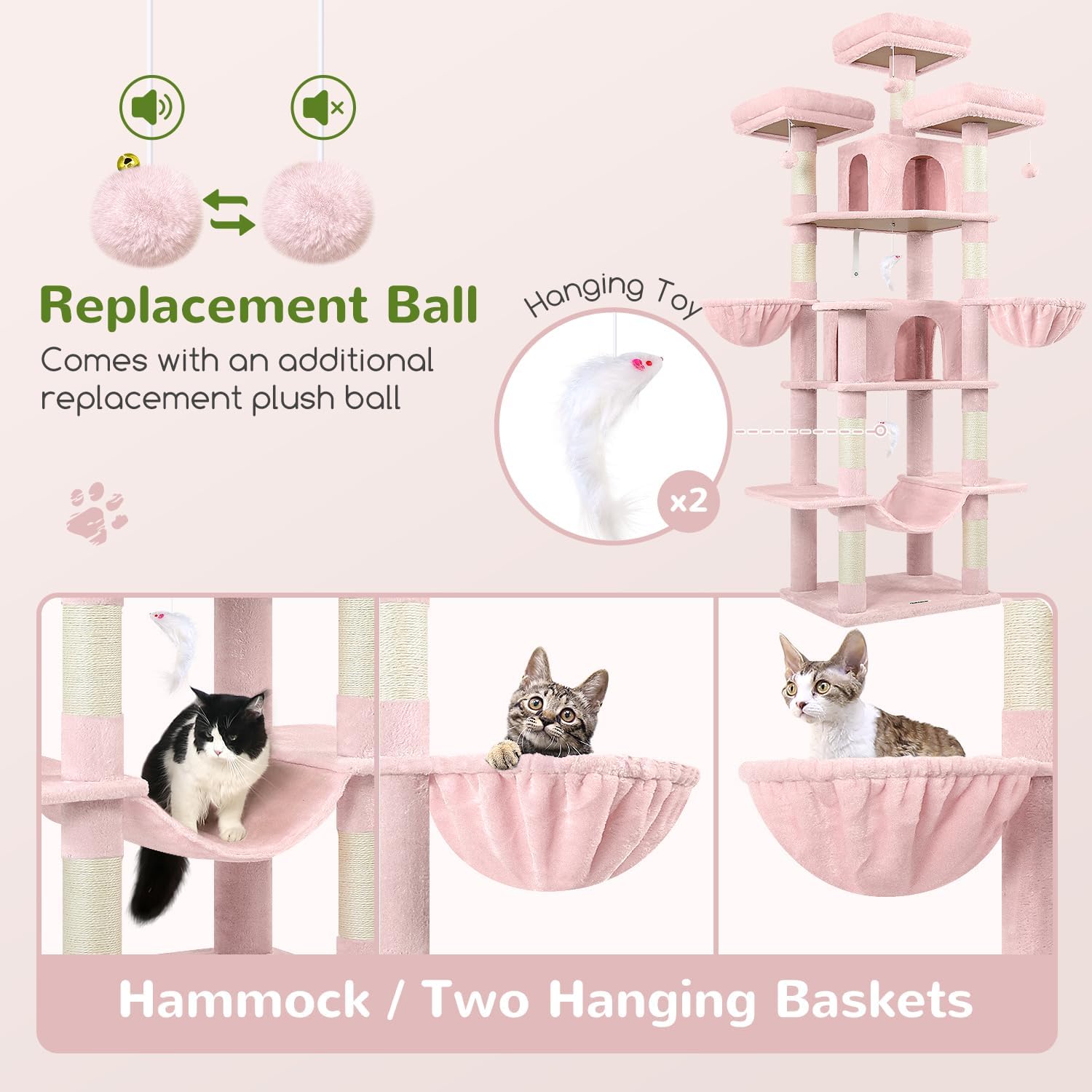 Globlazer Big Pink Cat Tower for Indoor Cats, 80inch Cat Tower for Multiple Adult Cats XXL Cat Tree with Scratching Post, Hammock, 3 Perches, 2 Condos, 2 Hanging Basket, F80, Pink