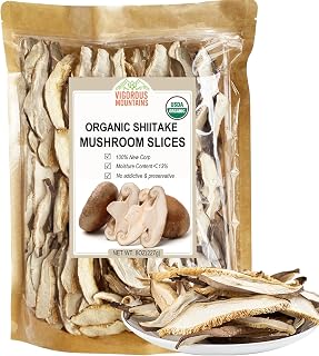 VIGOROUS MOUNTAINS Organic Sliced Dried Shiitake Mushrooms, USDA Certified, Quick Rehydrate Fresh Texture for Soups Ramen Pasta Risotto - 8oz Vegan