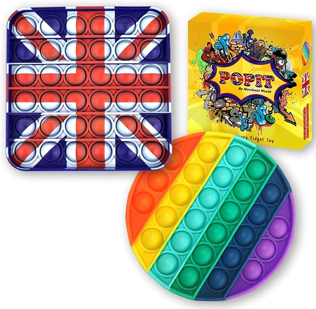2-Pack Pop it Sensory Fidget Toy - Push Pop Bubbles Toys for Kids Adults, Spot Popper Toy Stress Anxiety Relief Toys for ADHD Autism Special Needs (Rainbow + Union Jack) (CIRCLE + SQUARE)