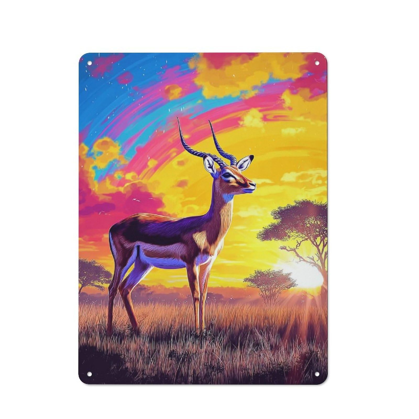 Junmoney Colorful Sunset With Antelope -1 Metal Wall Sign 40X30cm, Retro Decor For Home Bar Wall, For Metal Sign Collectors, For Garage And Workshop Walls