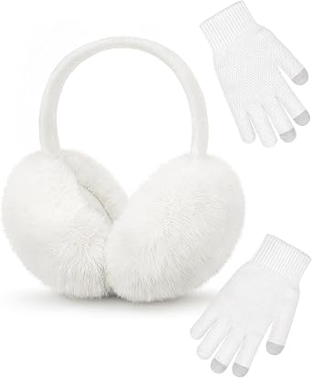 YSense Winter Earmuffs Ear Warmers for Women Fur Adjustable Foldable Ear Muffs Gloves White Earmuffs Gifts
