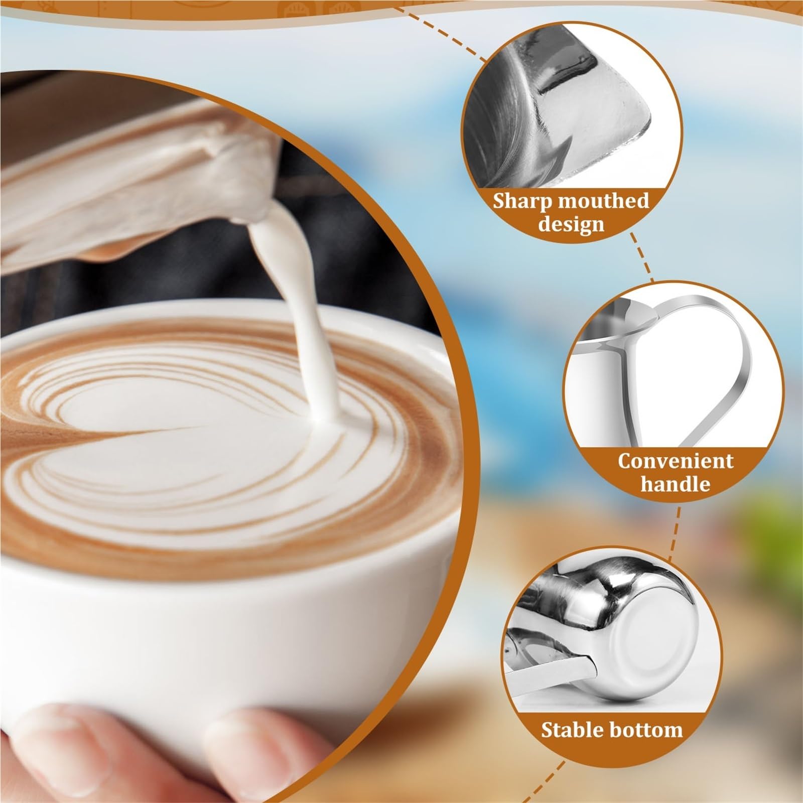 1/6 Uds cremas con mango, jarra de crema acero inoxidable espuma leche a prueba herrumbre taza para Arte de Café(90ml 6pcs)