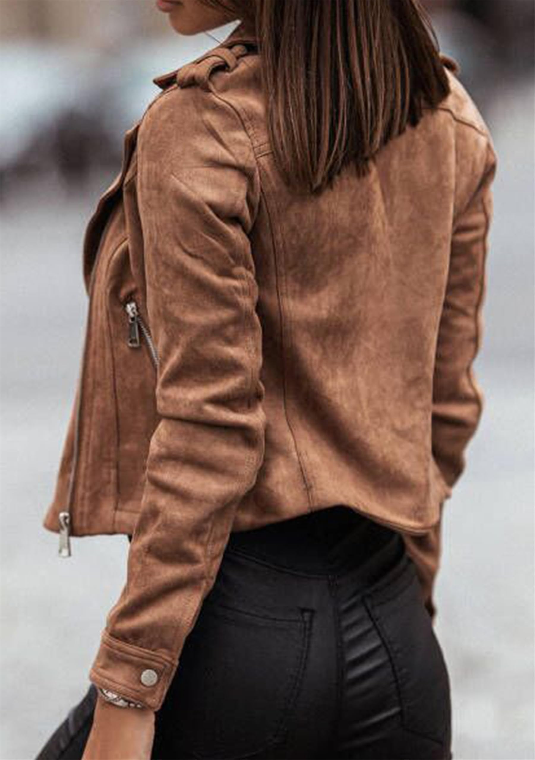 Frauen Mode Reißverschluss Outwear Faux Wildleder Slim Tops Langarm Warm Wintermantel