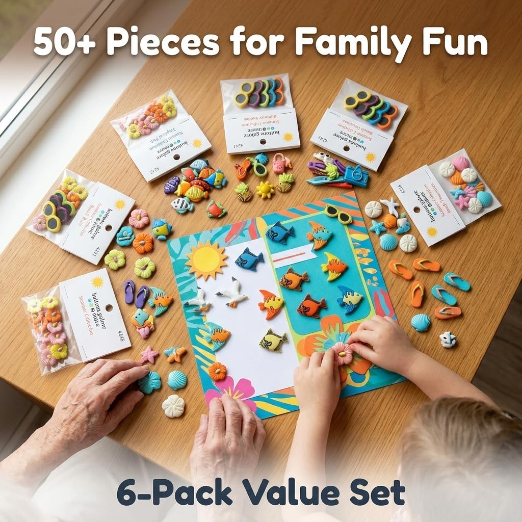 Buttons Galore Assorted Summer Buttons 50+ 3D Embellishments for Sewing, Knitting & Crafts – Includes Sea Creatures, Palm Trees, Sun, Flowers, Sunglasses, Flip Flops & More- Set of 6 Button Packs