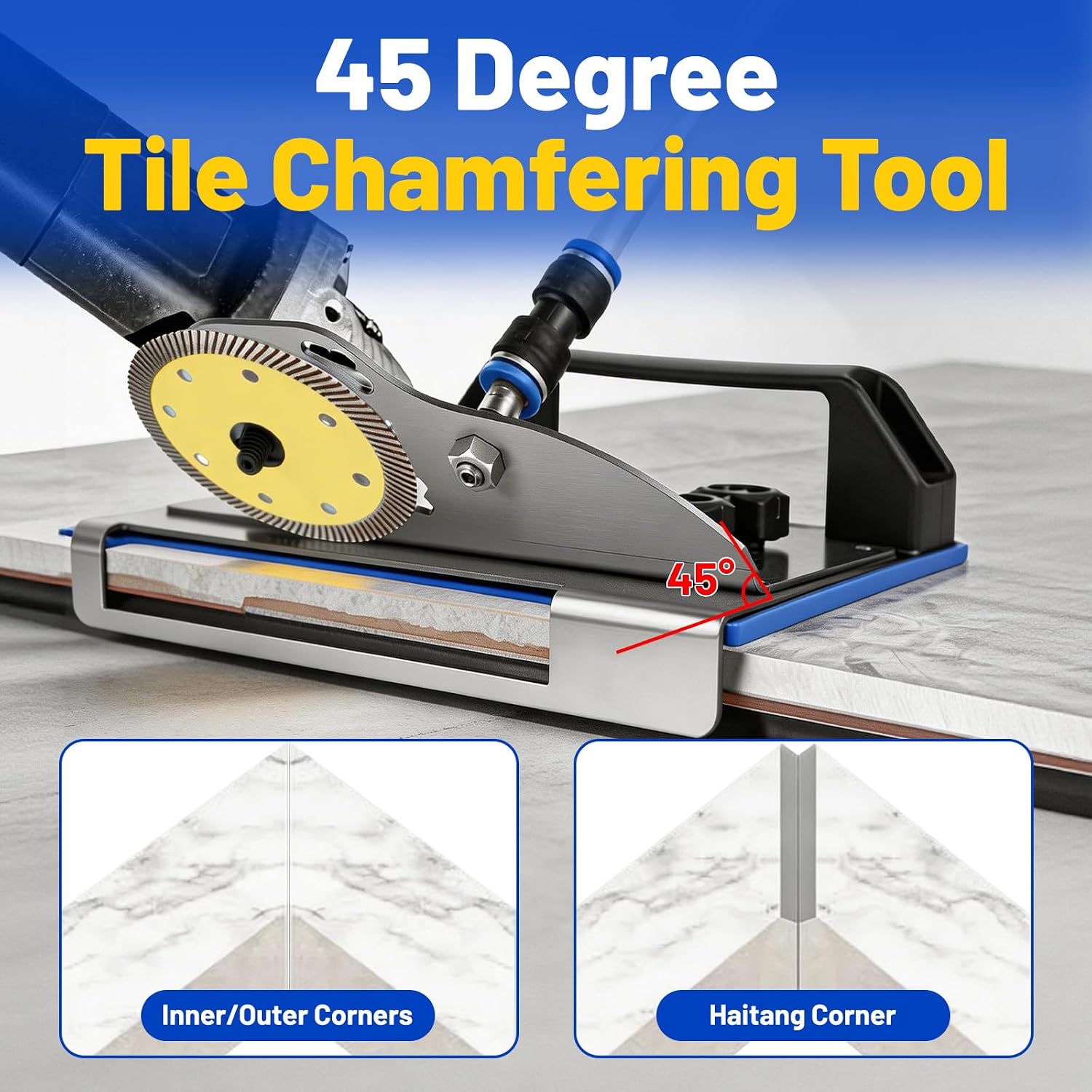 45 Degree Tile Chamfering Tool for Angle Grinder of Spindle Diameter ≤45mm, Universal Stand with 5 Premium Diamond Saw Blades (105mm), 1-3mm Haitang Corner Cuts, 25 Inch Hose