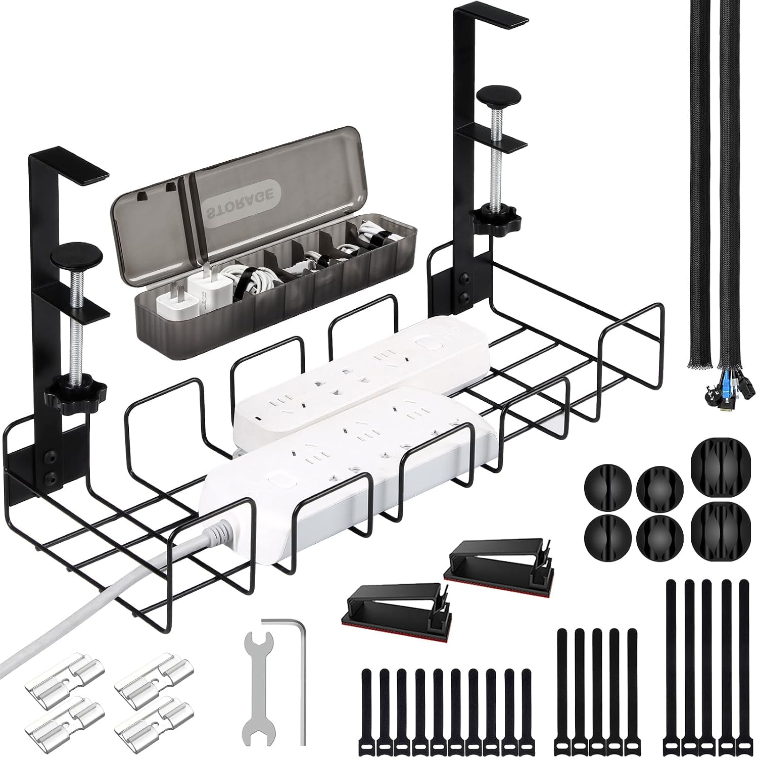 80PCS Reusable Cable Ties, Black Adjustable 6-Inch Cord Organizer Ties & Under Desk Cable Management Tray, No Drill Wire Management Rack for Office Desk, Computer Desk Accessories image 2