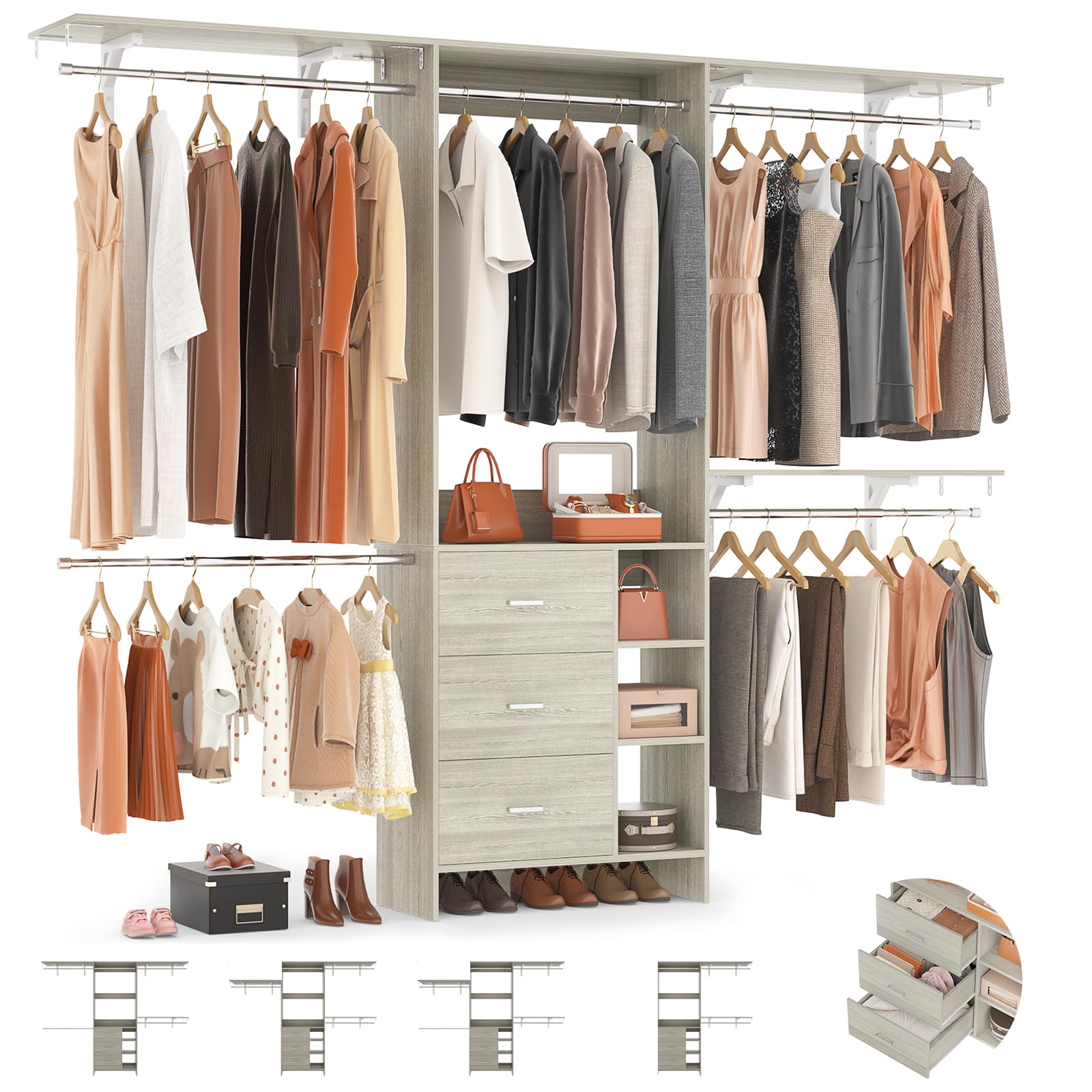 Aheaplus Closet System - 8FT Organizer with 3 Wooden Drawers, Fits 5.3-9 ft Walk-in Closet, White Oak