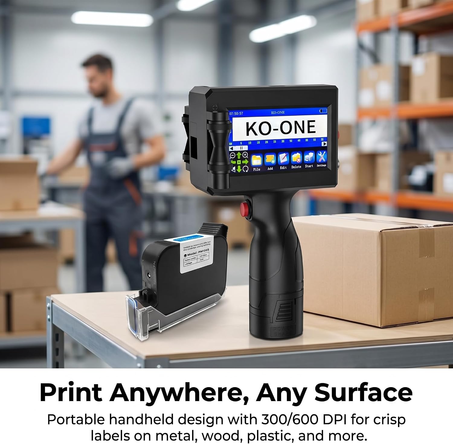 KOONE Handheld Inkjet Printer, 0.5 Inch Nozzle, Portable Inkjet Printer Gun for Text QRCode Barcode Production Date Time Logo Batch Number Print on Metal Wood Glass Cloth Carton Plastic (Black)