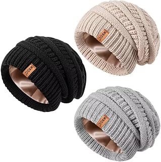 MSDC 3 Pack Satin Lined Beanie for Women - Warm Slouchy Winter Hats with Silk Lining, Oversized Cable Knit Skull Caps for Hair Protection