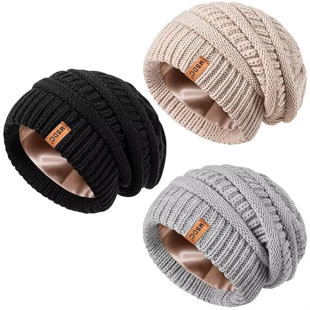 3 Pack Satin Lined Beanie for Women Warm Slouchy Winter Hats with Silk Lined Fashionable Oversized Cable Knit
