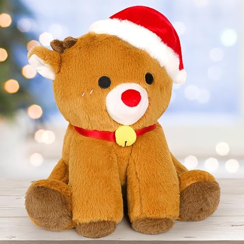 Peluche de reno de Navidad, 10 pulgadas, color rojo, peluche de reno con nariz para niños, lindo peluche con sombrero de Papá Noel, peluche suave de