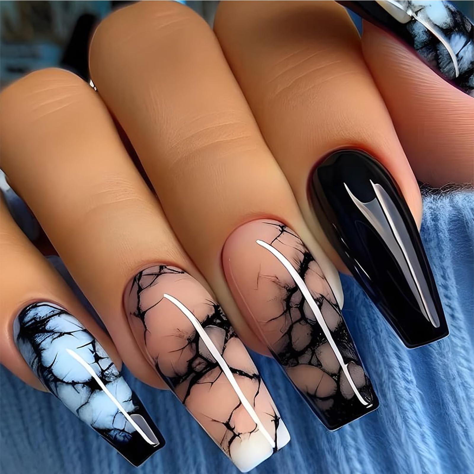 Auroriel 24 Stück Lange Quadratische Press on Nägel Blau Schwarz Marmor Coffin Stil Glänzend Wiederverwendbare Künstliche Nägel für DIY Maniküre und Partys