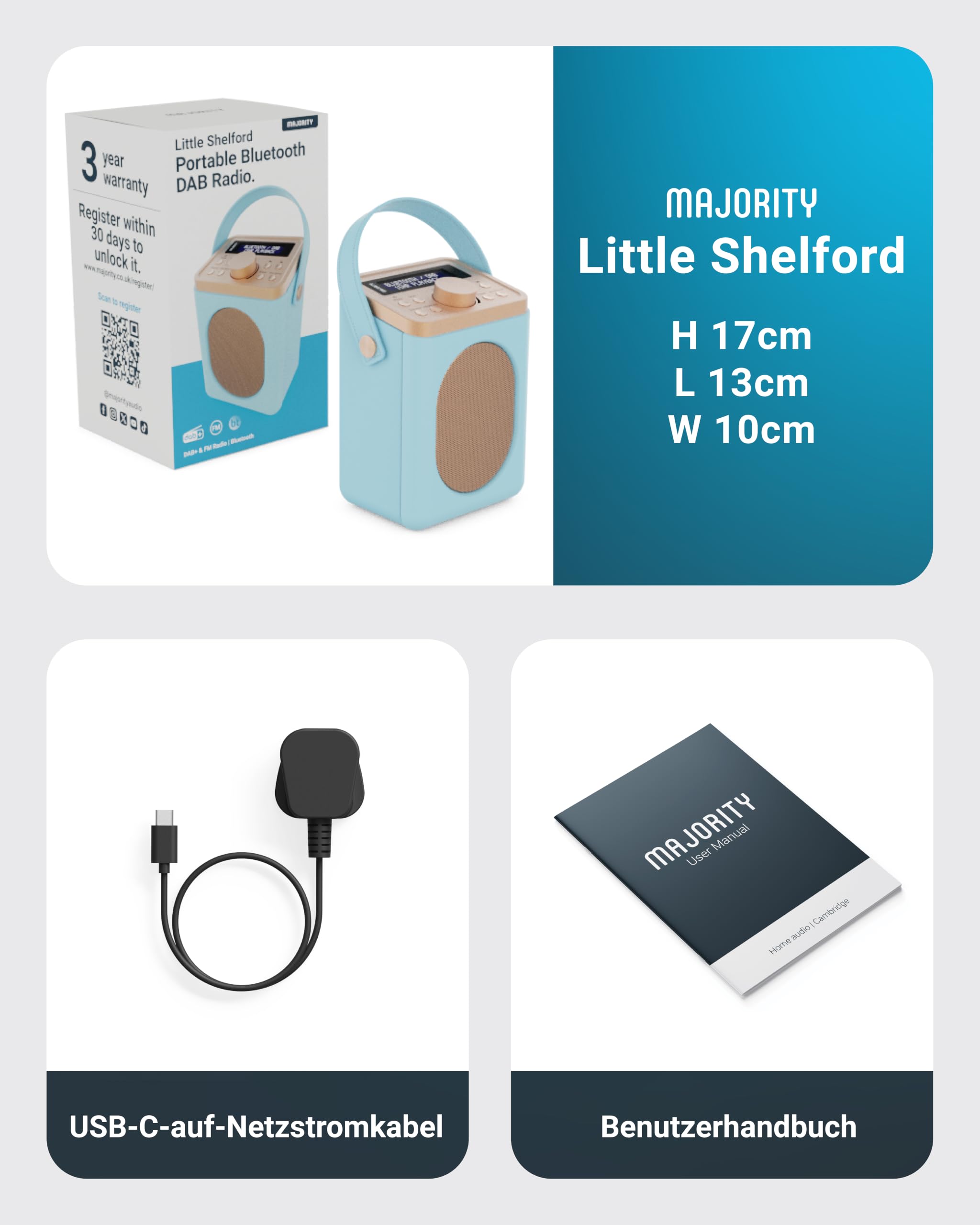 MAJORITY Little Shelford DAB Plus Radio | Küchenradio UKW mit Bluetooth | Radio Batteriebetrieben mit 15 Stunden Wiedergabezeit oder Steckdosenradio | Mini Digitalradio mit Doppelalarm (Hellblau)