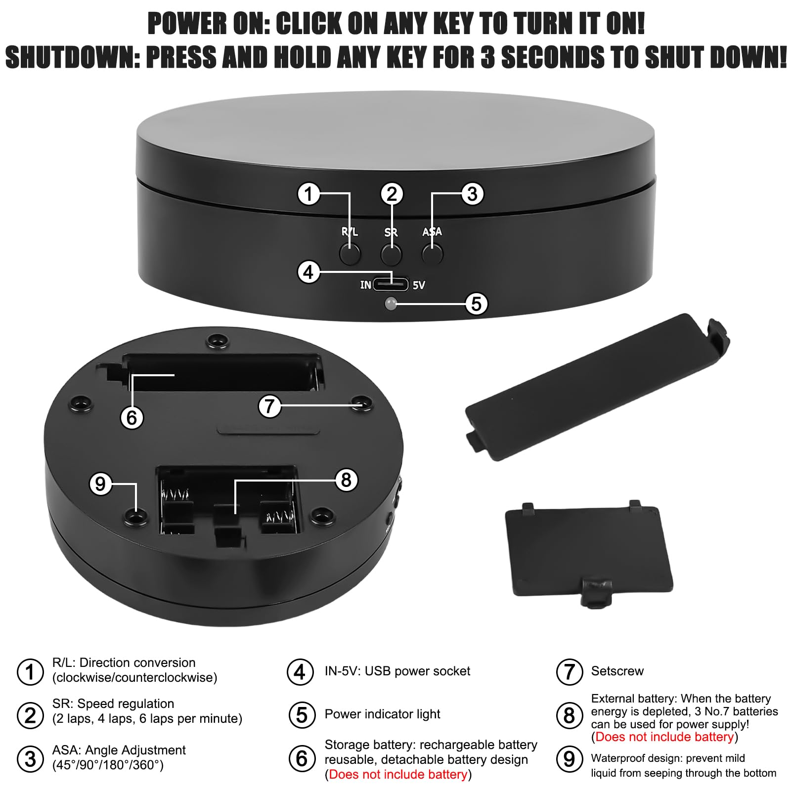 Elettrico: supporto per display girevole da 13,8 cm per fotografia, piattaforma di rotazione automatica a 360°, 3 velocità, ricarica USB