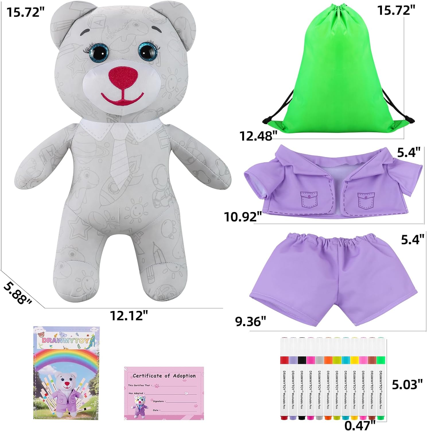 DRAWMYTOY Coloring Plush Toy with 12 Washable Markers for Little Girls Doodle Dolls for Kids Ages 3-8 Birthday Gift Doodle Bear (Purple Suit Bear)