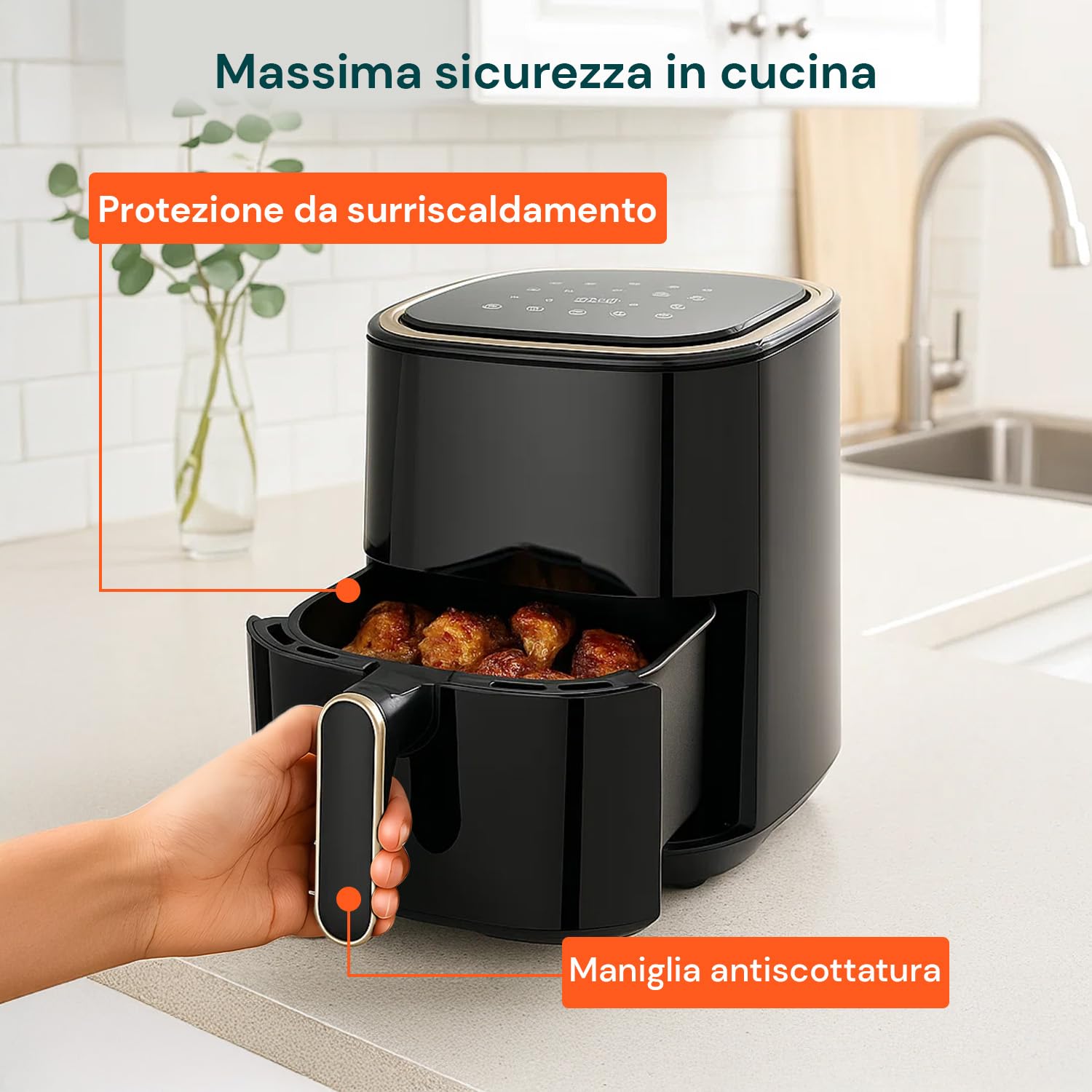 Wintem - Friggitrice ad Aria Digitale da 4L con Display Touch e 10 Programmi per Cottura Sana e Croccante, Ideale per Cucinare Senza Olio con Timer Regolabile e Vassoio Estraibile