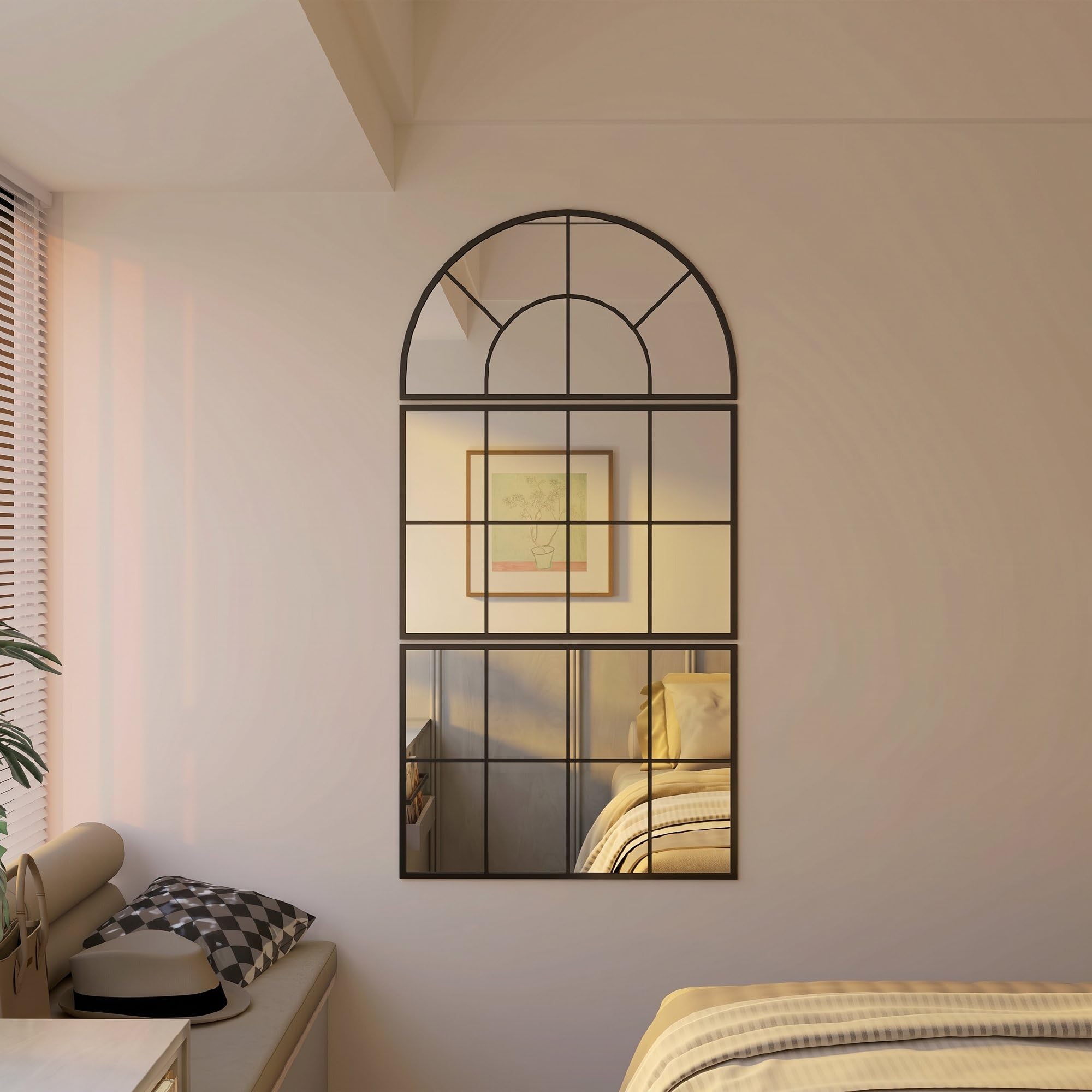 HOMCOM Espejo de Pared, 76x149 cm, 3 Piezas, Espejo de Recibidor con Marco de Metal en Forma de Ventana, Decoración para Salón, Dormitorio, Entrada, Negro