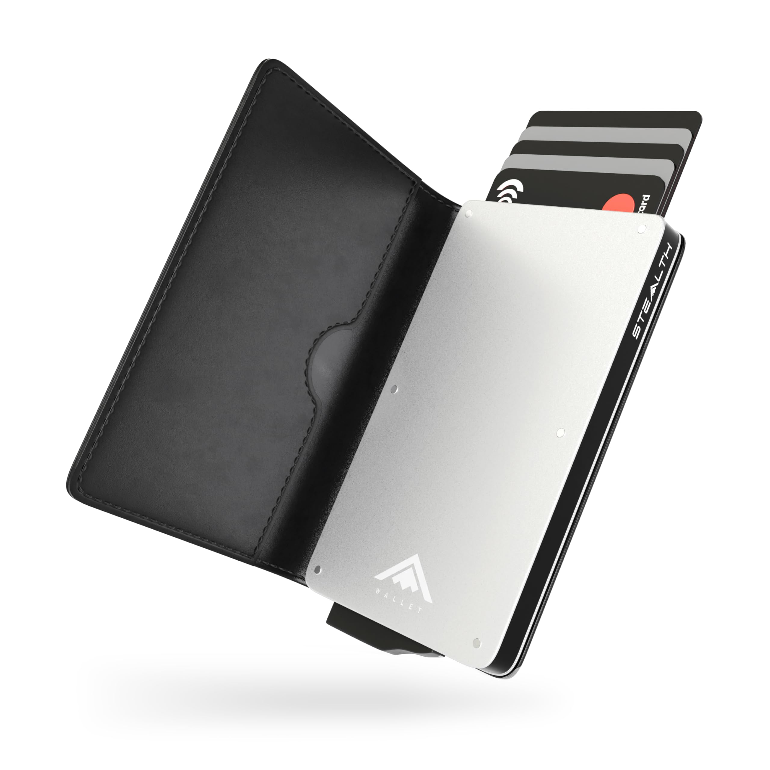 RFID Card Holder Wallet - Smart Minimalist Pop Up Wallets with Gift Box - Slim Lightweight Metal Credit Card Holders for Men & Contactless Protector (Silver Aluminium, Black Leather)