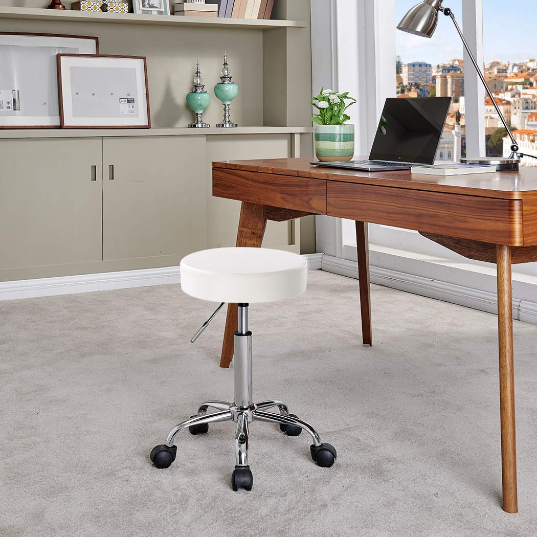 Duhome Sgabello Girevole Similpelle Sedie Girevole Regolabile in Altezza Sgabello con Ruote Schienale Selezione del Colore 410, colore:bianco, materiale:similpelle