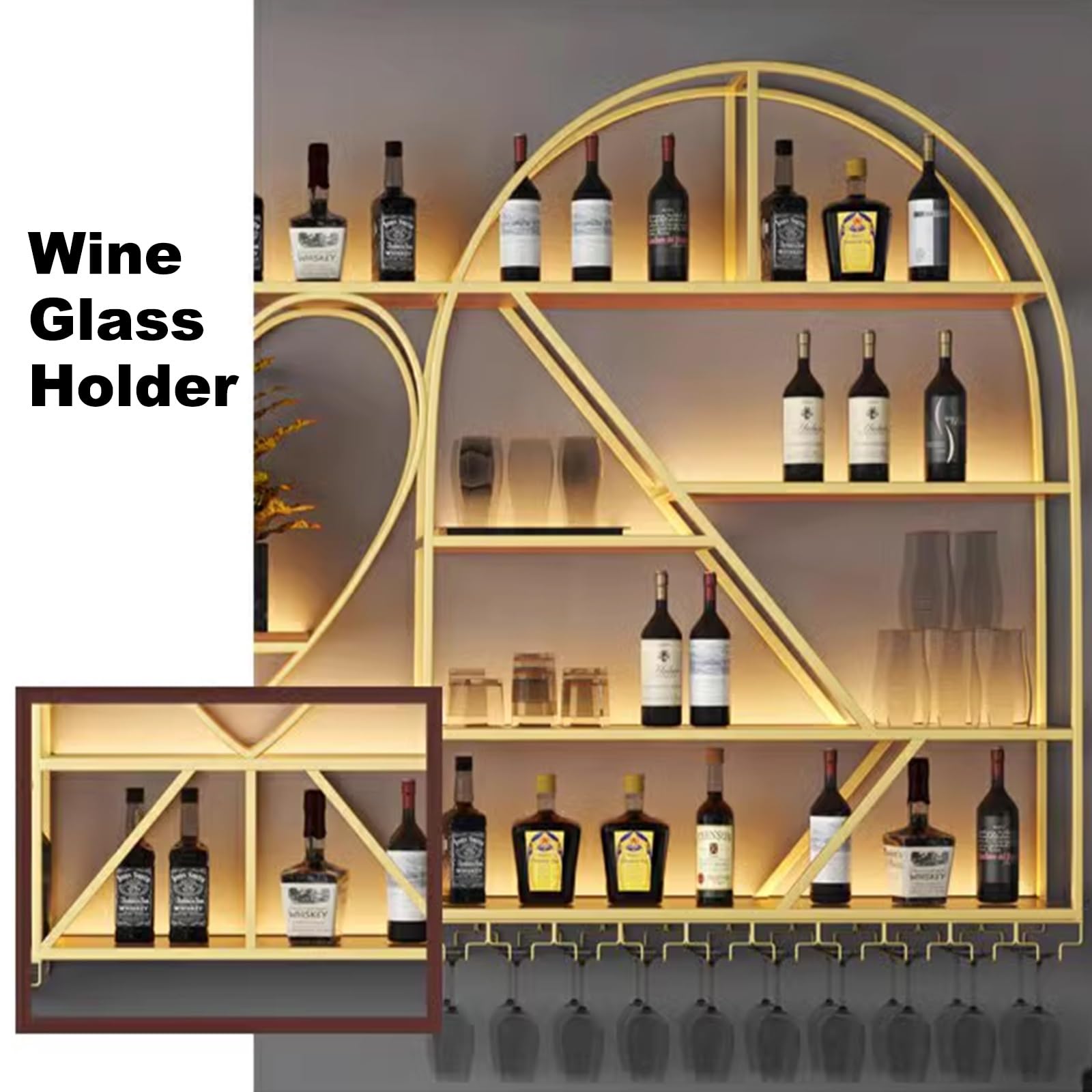 Botellero Vino Pared Creativo Estante Multifuncional de Hierro para Vino, Botellero Vino Metal con Luz Led y Portavasos for Bar Restaurante Club(Gold)