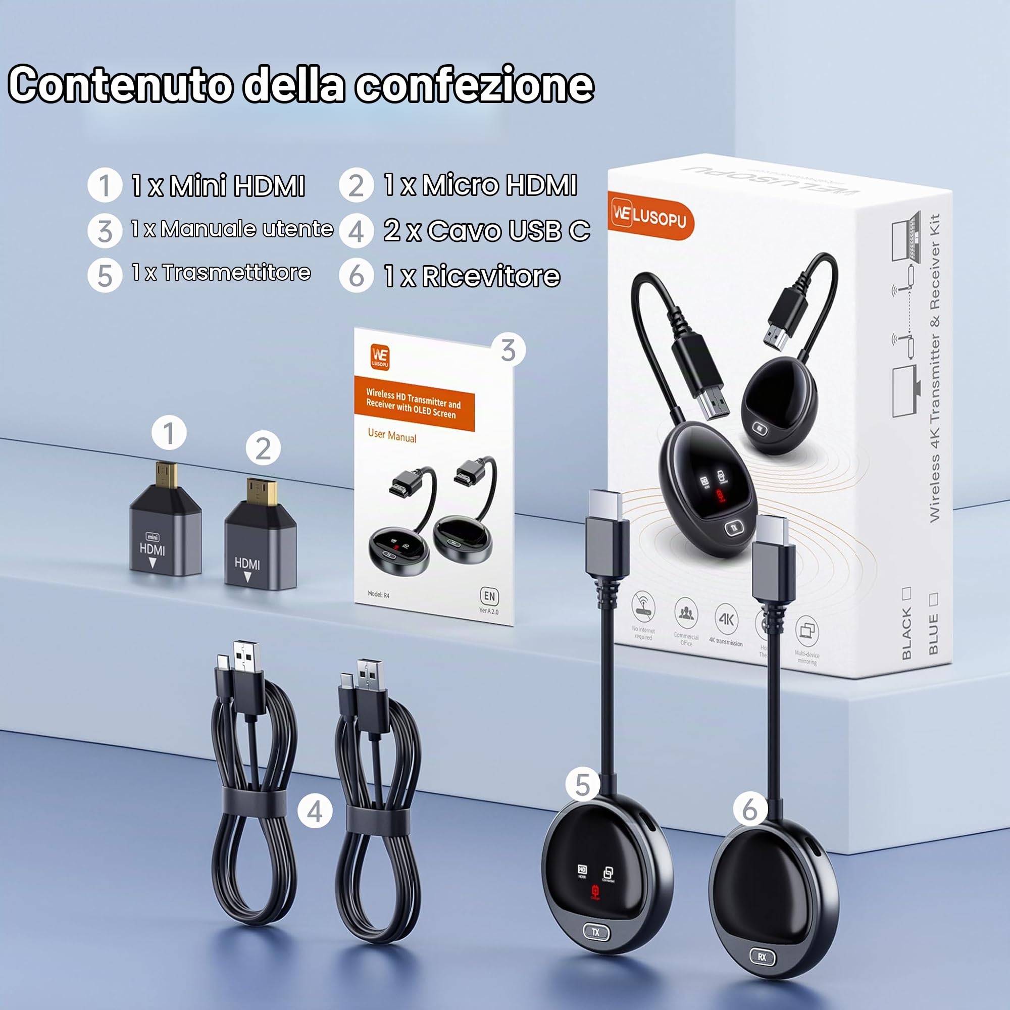 2026 HDMI Wireless 4K with Display OLED, 2.4/5G Trasmettitore e Ricevitore, Supporta 8TX a 1RX, 1080P@60Hz, WELUSOPU Plug & Play per Wireless Streaming Video Audio da Laptop/Box/PC a HDTV/Proiettore