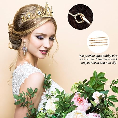 Miniatura 6 de AHONEY Tiara dorada y corona para mujer, corona de reina real de cristal, diadema de novia con diamantes de imitación, tiaras de princesa para