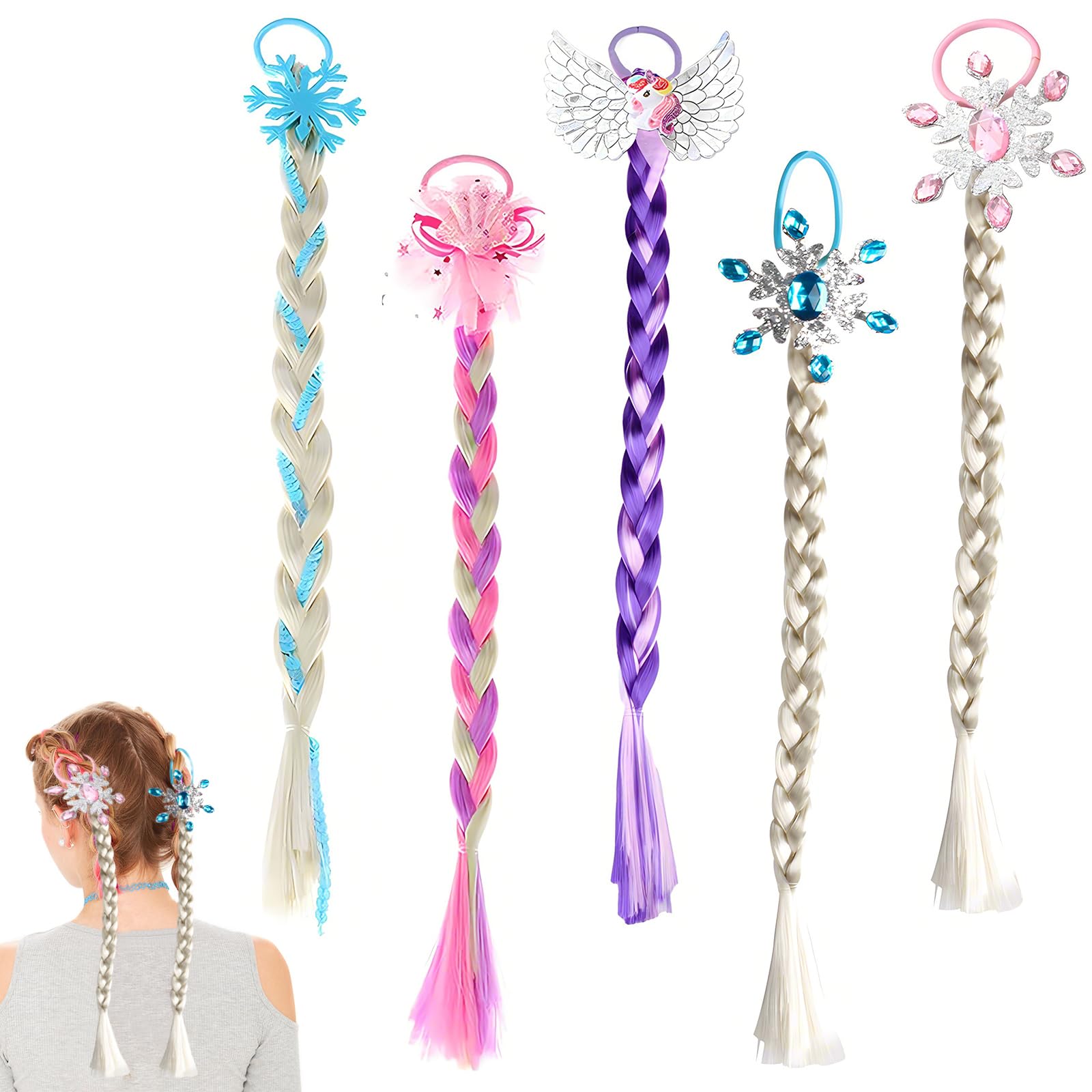 Vueinrg 5 Piezas Trenzas Pelo Niña Rapunzel Pelo Postizo para Trenzas Accesorios Pelo Niña Extensiones Pelo Multicolor con Gomas para Juego de Roles Peluca Frozen Cosplay Fiesta de Cumpleaños (45cm)