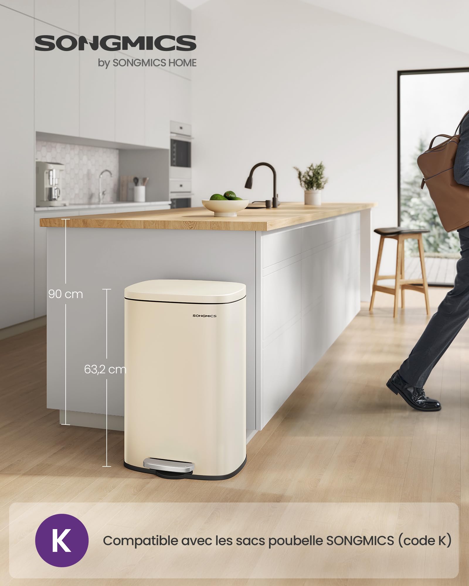 SONGMICS Poubelle Cuisine 50 L, Poubelle Bureau, Fermeture en Douceur, avec Pédale, en Acier, Seau Intérieur, Beige Sable LTB050A02