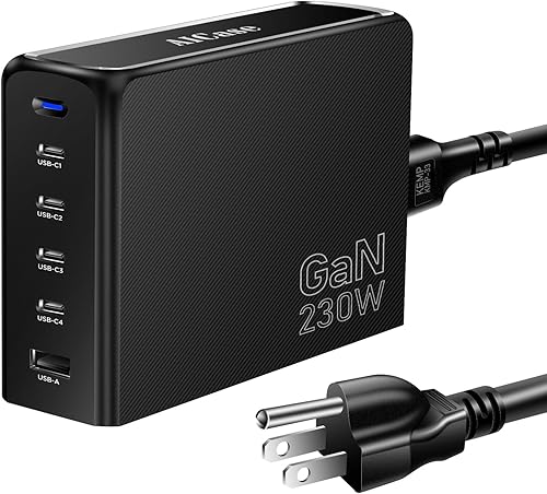 AICase Cargador USB C de 230 W, cargador de escritorio GaN de 5 puertos, cargador USB C para MacBook ProAir, iPad, iPhone, Samsung Galaxy, Google,