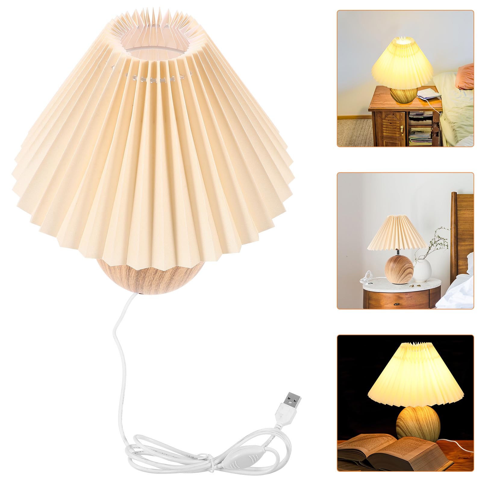 SHINEOFI Lampada da Tavolo Dimmerabile Paralume Plissettato e Base in Venature del Legno, Porta USB Integrata per Camera da Letto e Soggiorno, Luce Regolabile Continua per Lettura e Relax