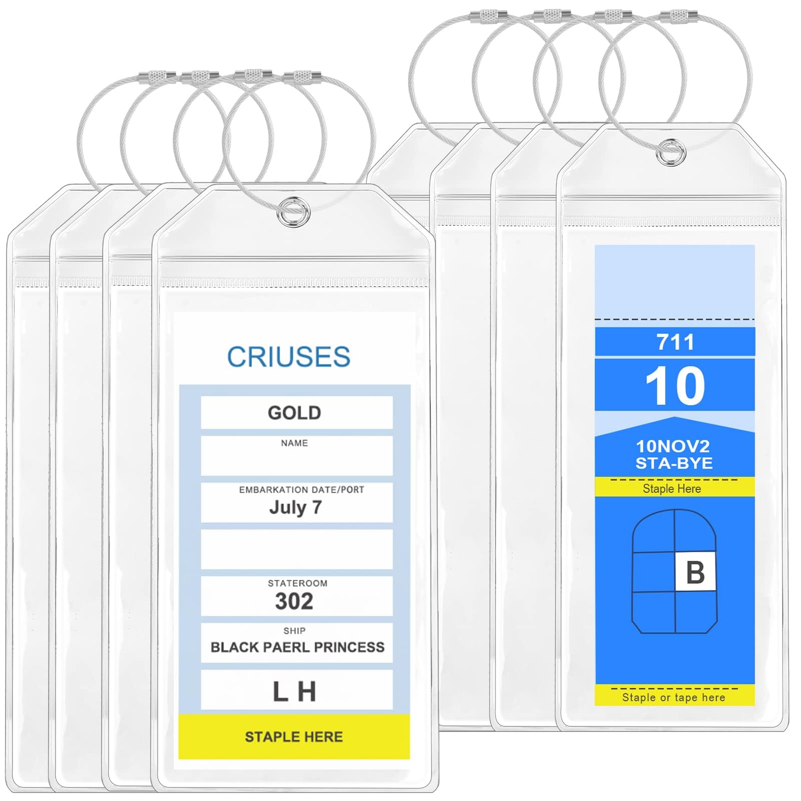 Cruise Luggage Tags Holder,8 PCS Waterproof Suitcase Tags Clear Durable Travel Tags for Luggage with Zip Seal & Steel Loops Cruise Accessories for Travel Vacation