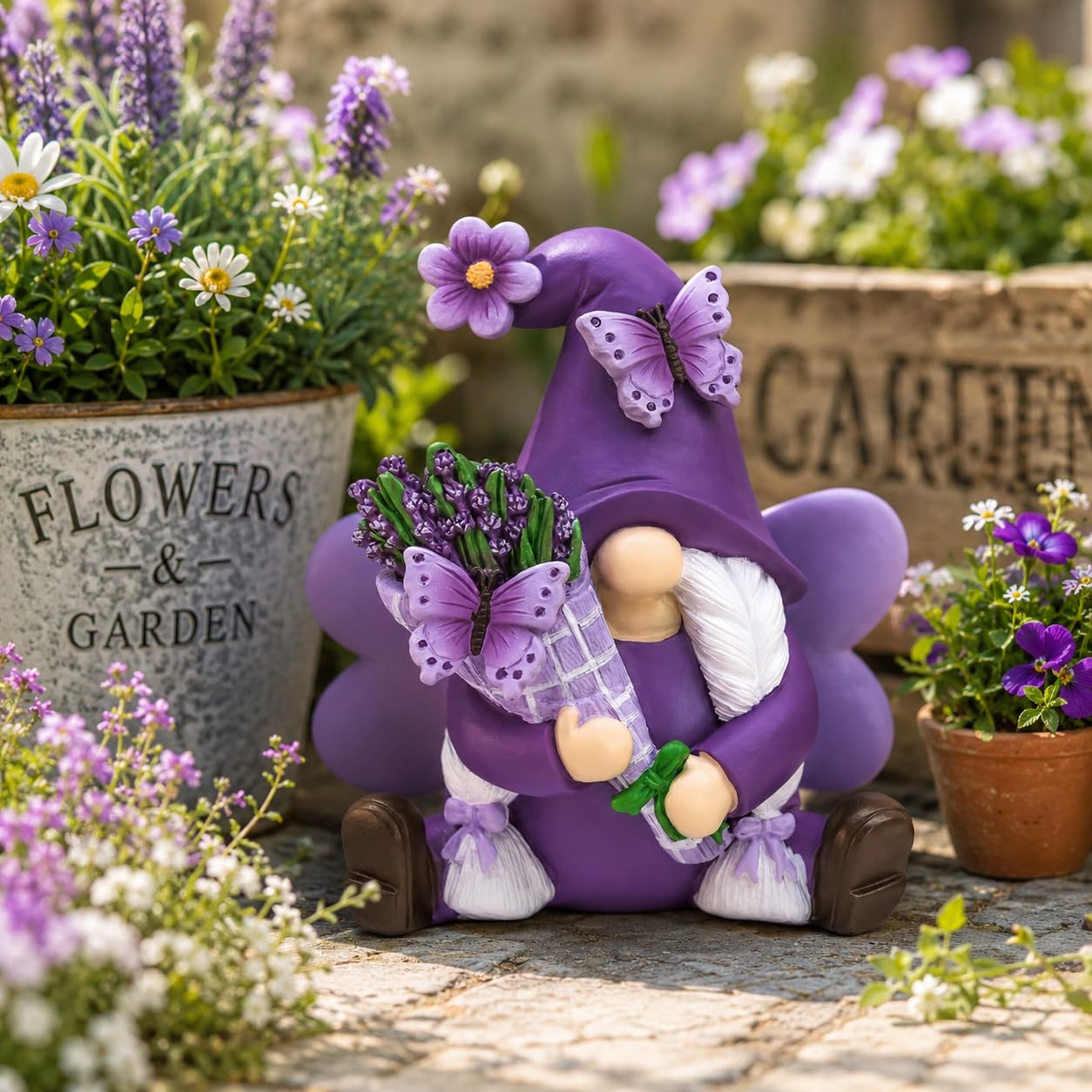 Decoración de gnomos de Lavanda, decoración de gnomos de jardín de Resina de Primavera para el hogar Interior/Exterior y Morado Pastel, Decoraciones de Lavanda de Primavera, gnomo de Mariposa
