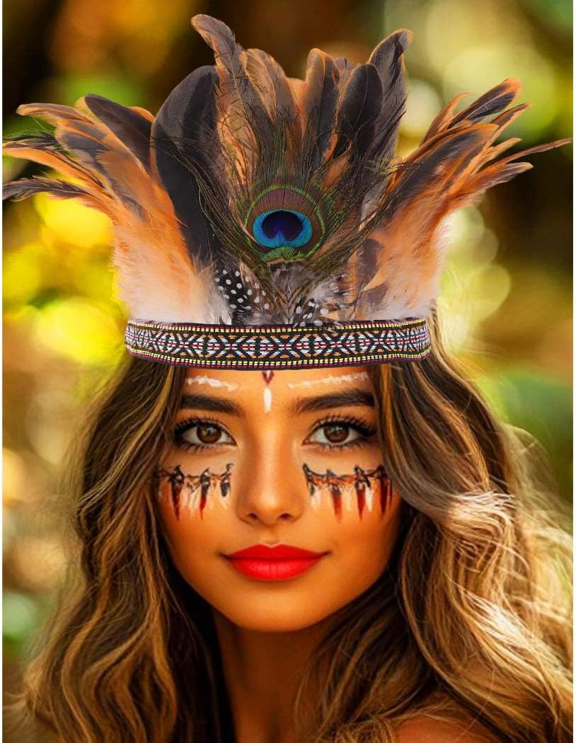 Aukmla Indian Feather Headband Peacock Feather Headpiece Carnival Costume Headdress for Women