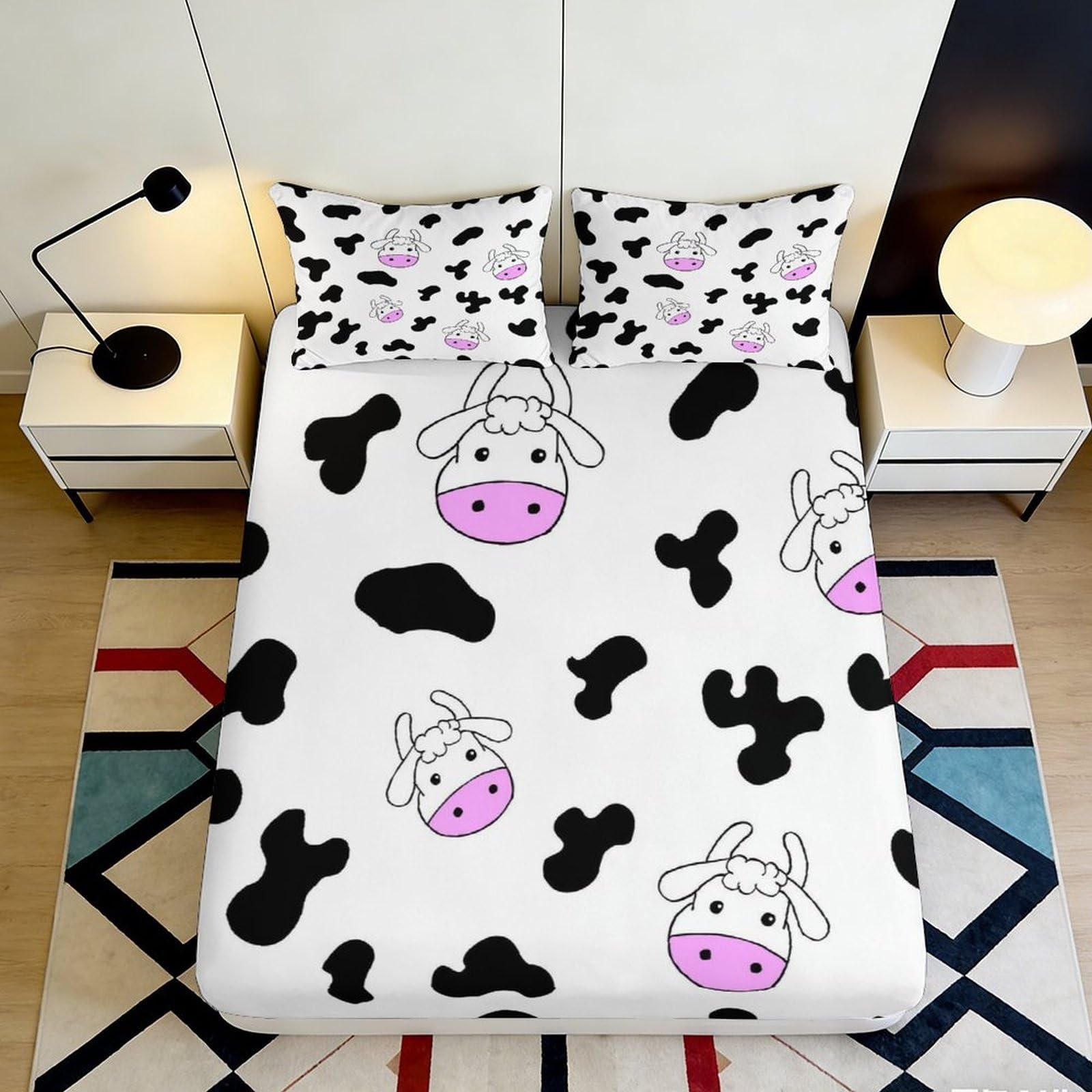 3D Printed Cute Cartoon Cow Fitted Sheet Microfiber Black White Cow Spots Mattress Cover for Bedroom Dorm Mattress Protection 120x200x25cm