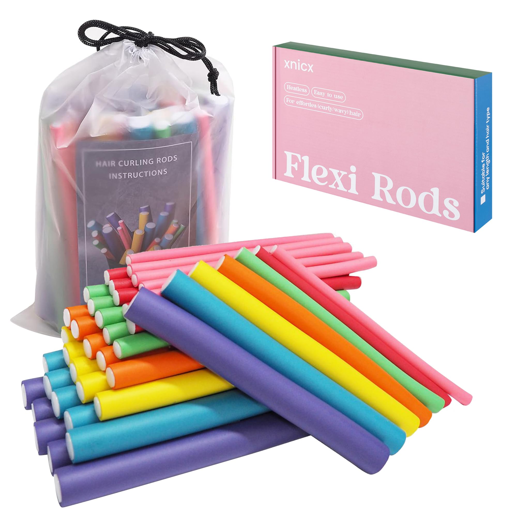 xnicx 47 Piezas 18cm Bigudies para Rizar el Pelo,Rulos Flexibles para Rizar Pelo,Rizador de Pelo sin Calor para Cabello Largo,Corto y Ondulado,Rizador Pelo para Dormir Durante la Noche,para Mujeres