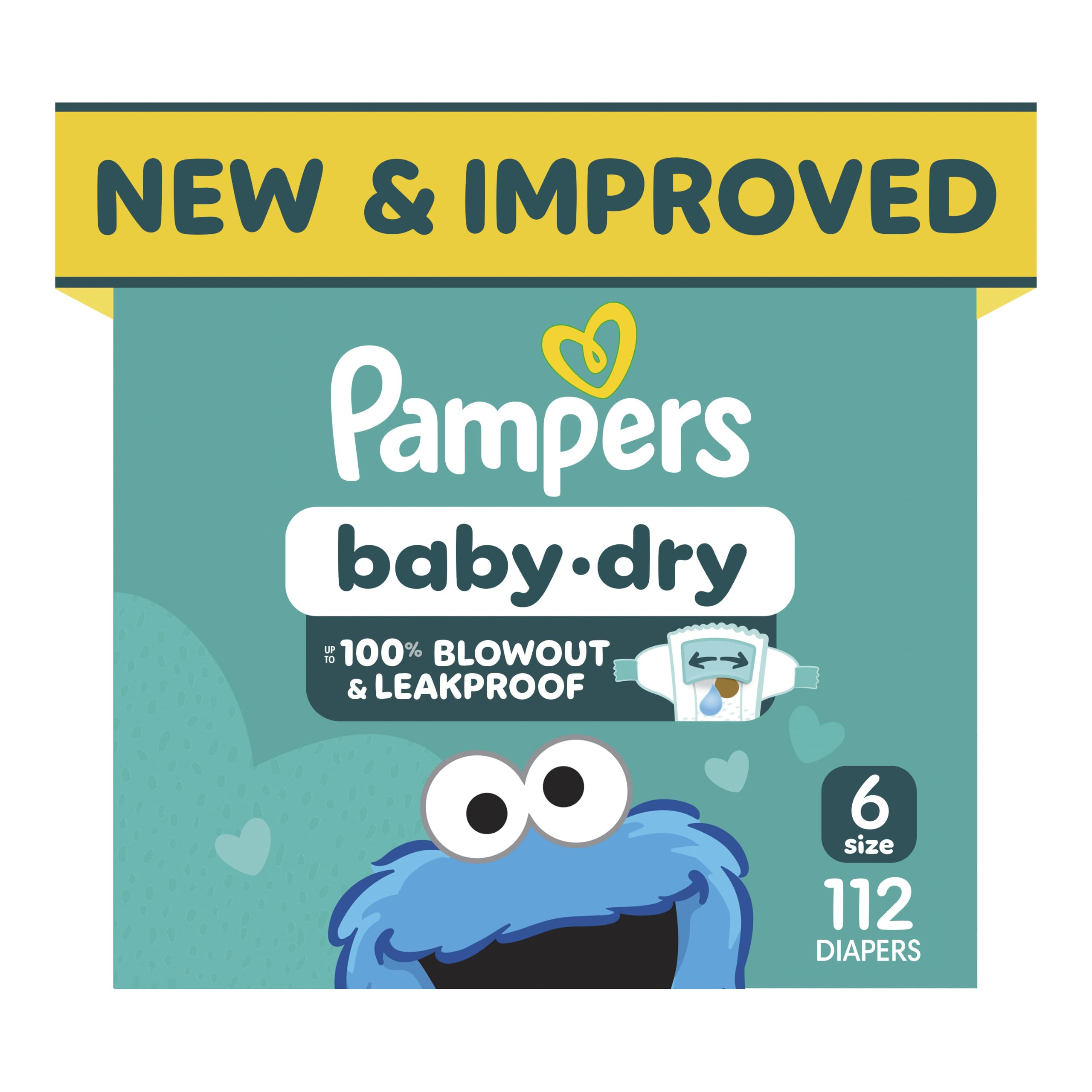 Pampers Baby Dry Ultra Cushiony Diapers, Size 6 (23-44 lbs), 112 Count, Up to 100% Leakproof (Packaging May Vary)