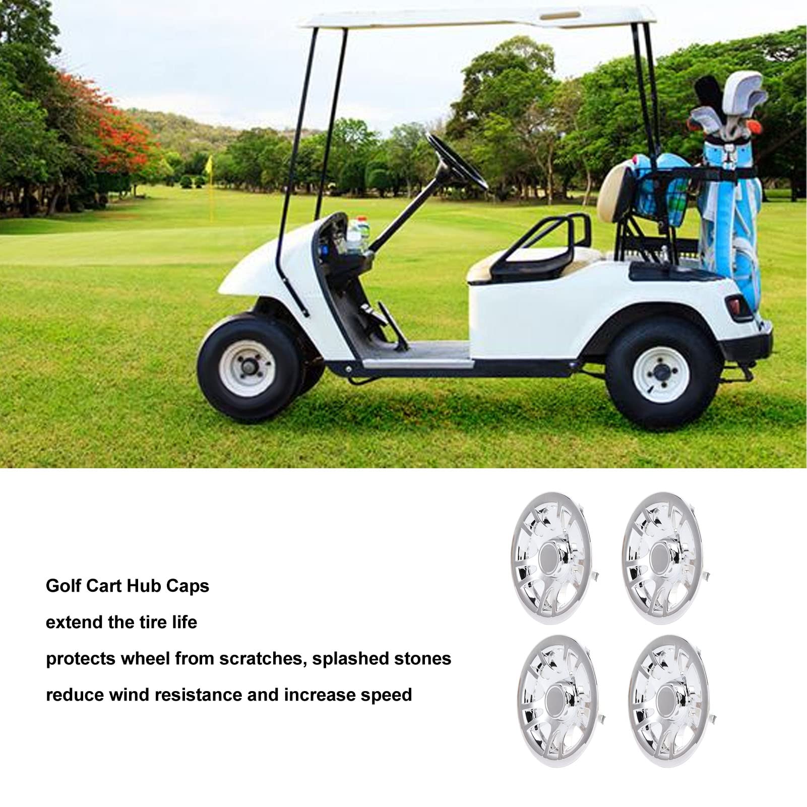GLOGLOW Kołpaki na Koła Wózka, Kołpaki na Koła, Aerodynamiczne Nakładki Ochronne Felgi z ochroną kół i osłoną Opon, do Wózków Golfowych EZGO, Chromowane ABS 8 Cali