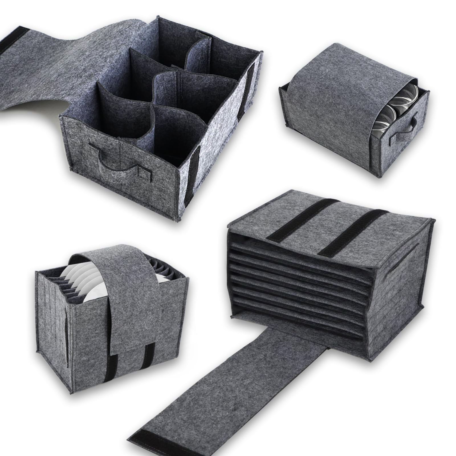 Boîte de Rangement en Feutre pour Rangement Camping-Car Rangement Vaisselle Support pour Assiettes Design Pliable Peut contenir 8 Assiettes et 6 Tasses（Gris）