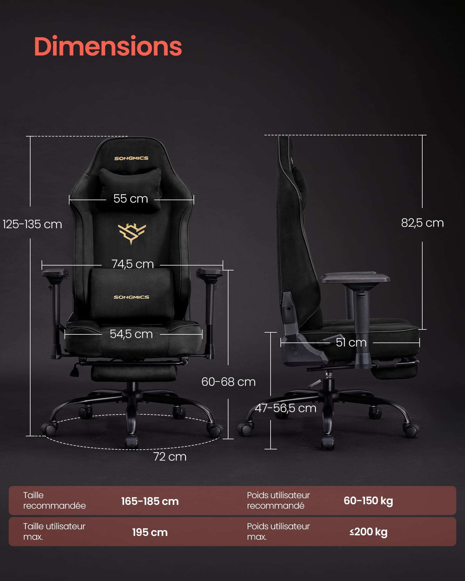 SONGMICS Chaise Gamer, Fauteuil Ergonomique, Capacité 200 kg OBG095BH01