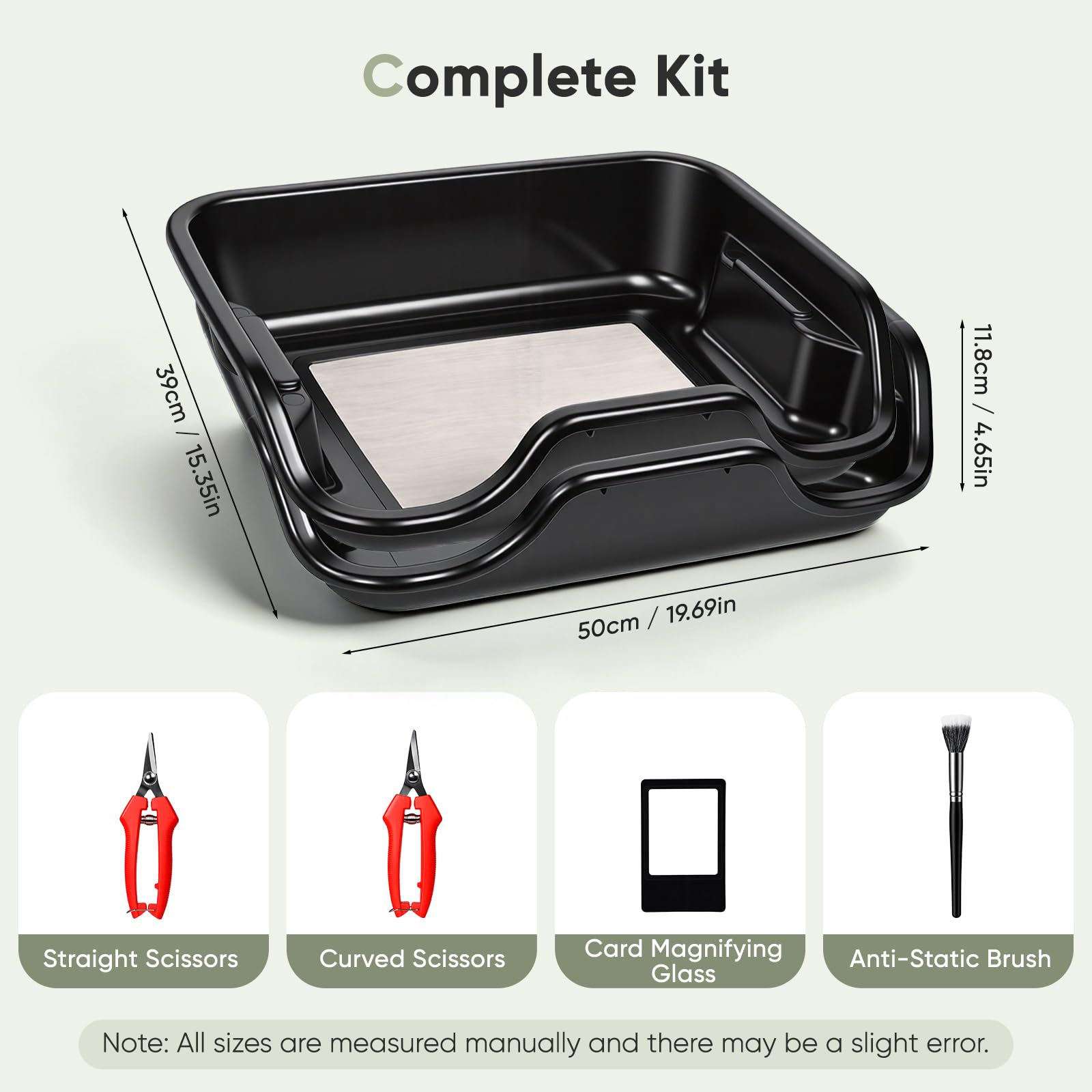 Trim Bin Set mit 150 Mikron Pollensieb, Ergonomische Trim Tray & Trimmschale mit 2 Scheren, Lupe & Bürste, Trimming Tray für Pollen and Herbs, 50x39x11,8cm